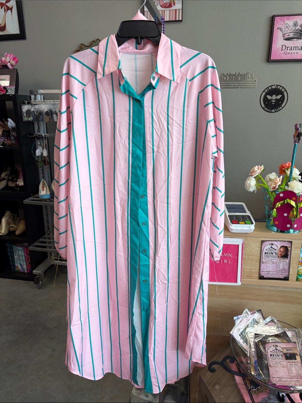 Casual Pink Striped Button-Down Shirt Dress with Teal Placket